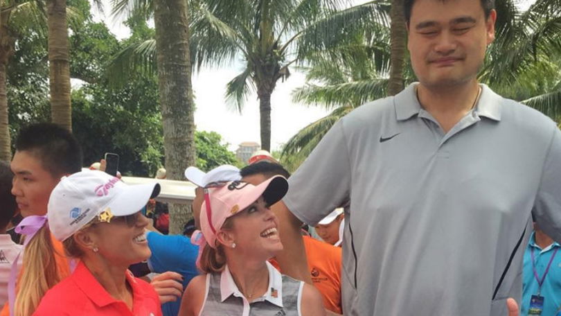 NBA legend Yao Ming plays with Natalie Gulbis and Gary Player